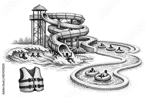Dot art aquapark adventure with spiral water slide and lazy river