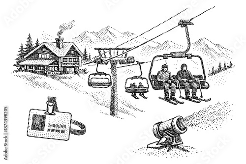 Retro ski resort scene with dot art style featuring chairlift and cabin