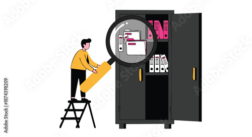 Tiny man with magnifying glass examines files in a cabinet for business records