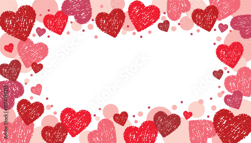かわいいクレヨンハートのフレーム背景/レッド