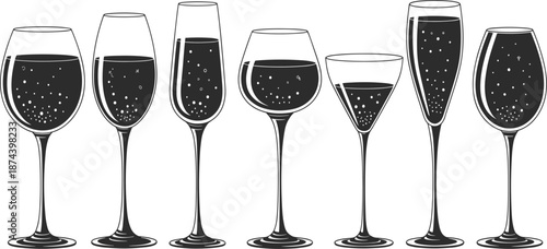 Elegant wine and champagne glass collection, black silhouette drinkware set for celebration parties and luxury events