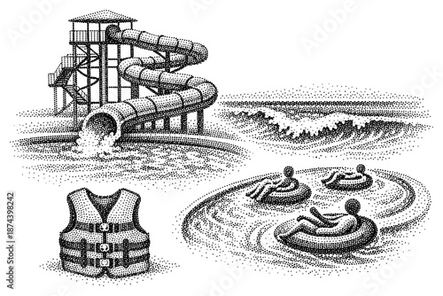 Halftone water park adventure with waterslide, pool waves, and tube rafting