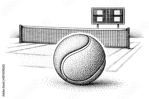 Tennis court scene with detailed stipple style ball and net