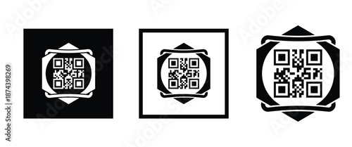 Three bold black square frames, each containing a classic black and white QR code pattern. Clean, minimalist vector design arranged horizontally on transparent background. Ideal for tech branding.