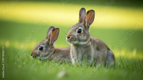Two brown rabbits sitting in green grass