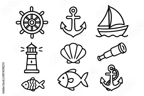 Nautical and marine icons set with sea and sailing symbols in outline doodle style