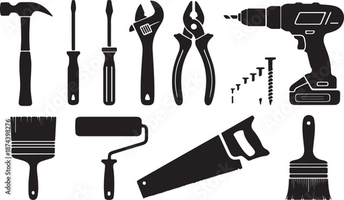 Assortment of black silhouette illustrations of common hand tools and fasteners hardware