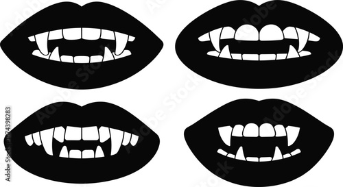 Spooky vampire fangs and lips silhouette set, gothic horror mouth illustrations for Halloween party graphic design