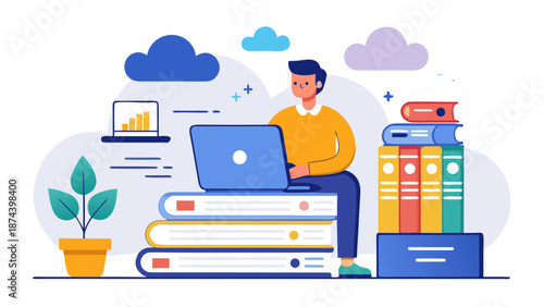 Student studying with digital and traditional resources Vector