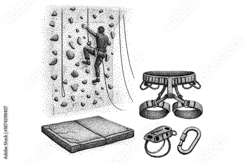 Climbing equipment and indoor climber on dotted background