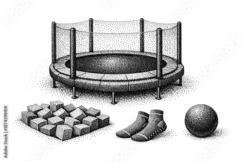 Retro dot art trampoline with safety net and accessories set