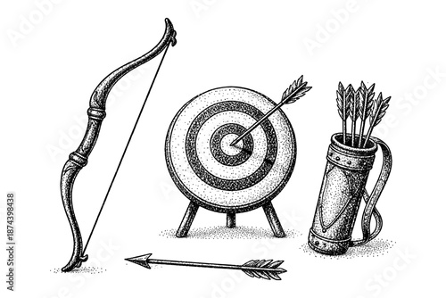 Hand drawn archery equipment with bow, arrow, and target in vintage style
