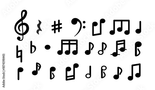 Musical notes on a musical line with a treble clef. Abstract vector melody. black and white.