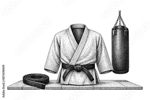 Karate gear and punching bag in vintage engraving style