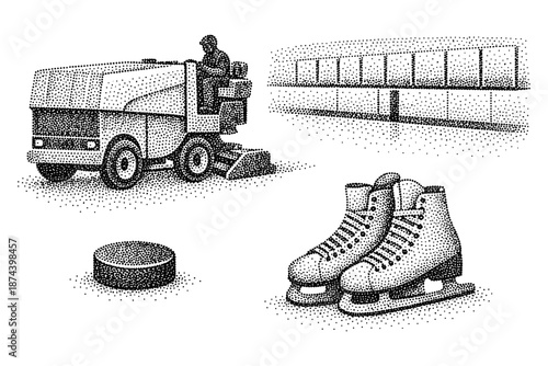 Dot style ice rink: zamboni, skates, hockey puck, and rink illustration