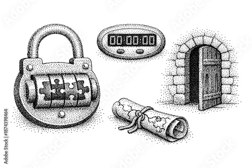 Retro dot-shaded escape room elements: puzzle lock, timer, scroll, stone door