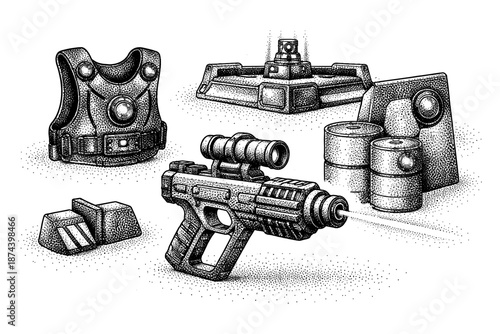 Futuristic weaponry and armor in detailed stippling artwork