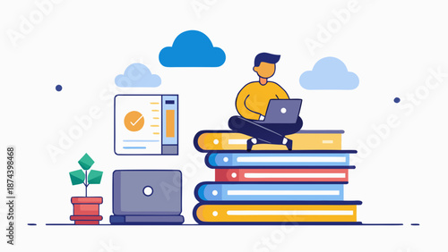 Student studying with digital and traditional resources Vector
