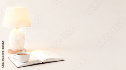 Cozy reading nook with lamp and tea beside an open book