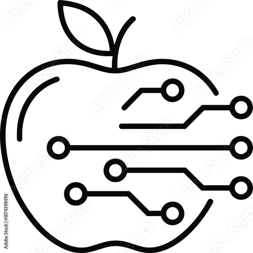Minimalist black line art illustration of an apple with integrated circuit board patterns for food technology and innovation.