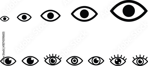 Professional eye icon set featuring various sizes minimalist outlines vision symbols and detailed eyelashes for optical design projects