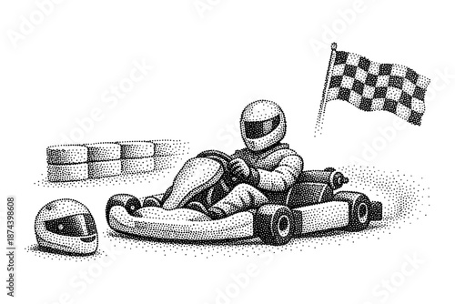 Retro halftone go-kart racer with checkered flag on track