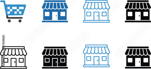 Professional e-commerce icon set featuring shopping cart and various storefront building designs in blue black and outline styles.