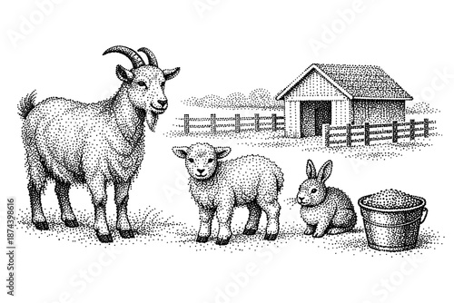 Stipple farmyard scene with goat, lamb, and bunny in a rustic setting