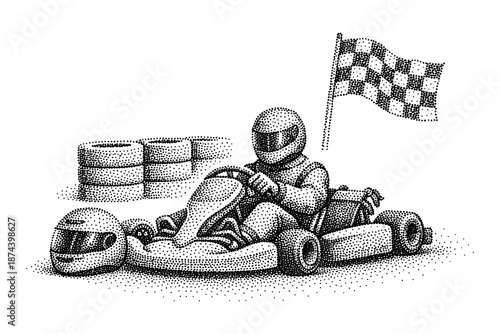 Vintage dot art of go-kart racer with racing flag
