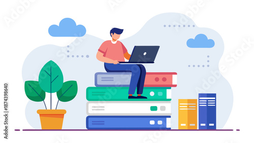 Student studying on stack of books Vector