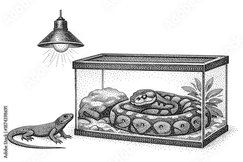 Dot art terrarium with snake and lizard under lamp in stippled style