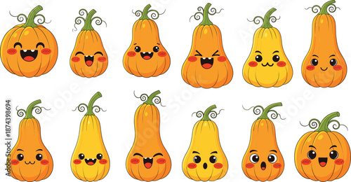 Cute cartoon pumpkin and squash characters set with different facial expressions isolated on white background vector