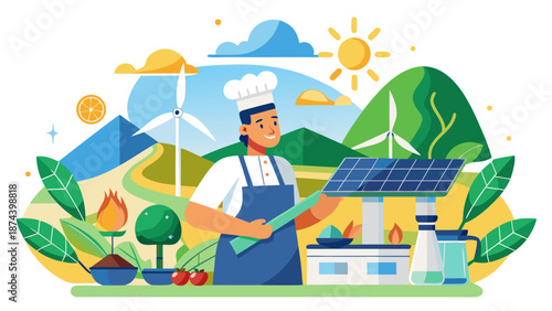Chef preparing meal with renewable energy sources Vector