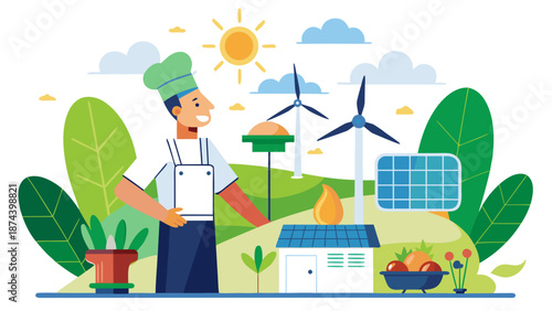 Chef preparing meal with renewable energy sources Vector