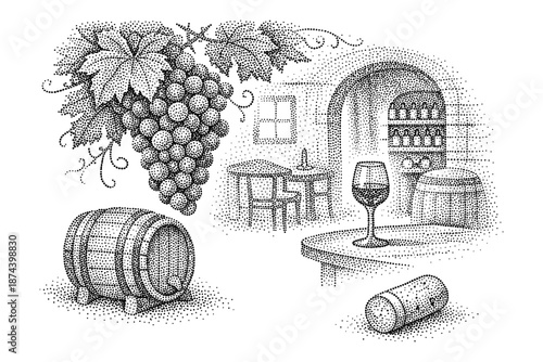 Vintage winery scene with grapes and wine barrel in stipple style