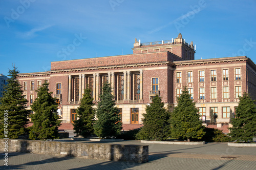 Monumental Palace (Pałac Kultury Zagłębia) of Socialist Realist style, red brick and sandstone facade. Dąbrowa Górnicza, Poland.