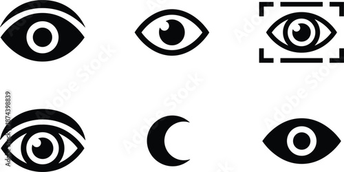 Professional eye icon set featuring various vision symbols biometric focus frames and a crescent moon for night mode.