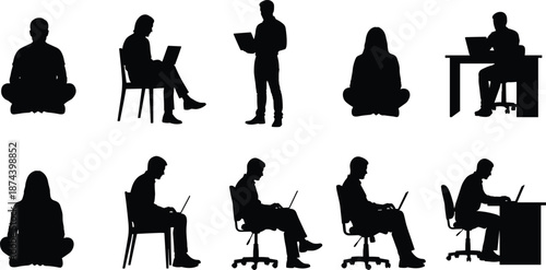 People using laptop silhouette set featuring men and women sitting, standing and working at desks in modern office and remote lifestyle isolated on white background