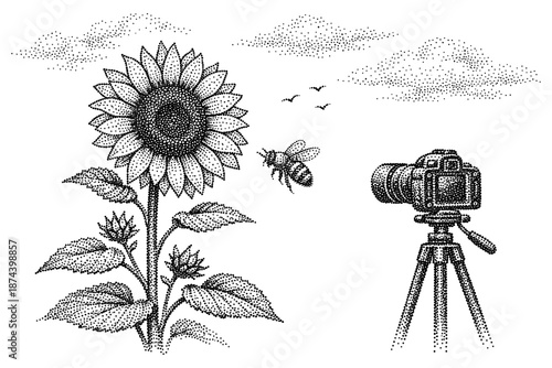 Stipple art sunflower and bee with camera on tripod in nature scene