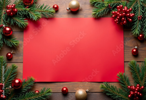 Top down view, flat, In the center is template of large red rectangular color paper on wood background. Around red color paper lying festive christmas decorations