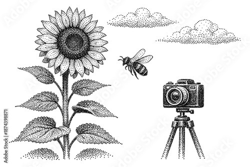 Dotted nature scene with sunflower, bee, and vintage camera on tripod near clouds