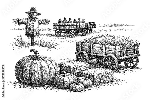 Classic farm scene with scarecrow and harvest elements in vintage dot art style