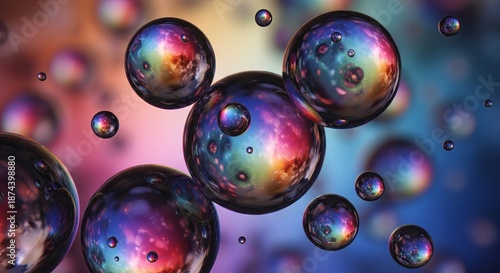 Vibrant iridescent spheres float in a colorful, abstract cosmic background, suggesting dreams and imagination.
