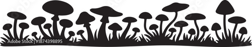 Silhouette Border of Various Mushroom Shapes and Grass mushrooms fungi