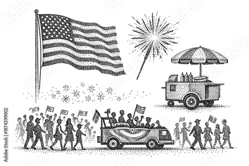 Halftone parade celebration with american flag, fireworks and food cart