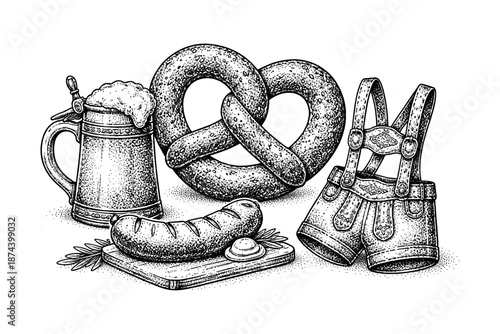 Traditional oktoberfest elements in engraved style: pretzel, beer mug, sausage, and lederhosen