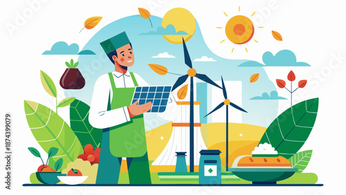 Chef preparing meal with renewable energy sources Vector