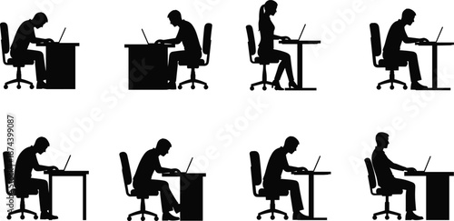 Office laptop working posture silhouette set showing men and women sitting at desks isolated on white background ergonomics