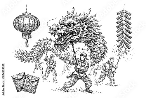 Traditional dragon dance celebration in halftone art style featuring lanterns and firecrackers
