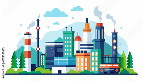 Industrial cityscape with smokestacks and buildings Vector